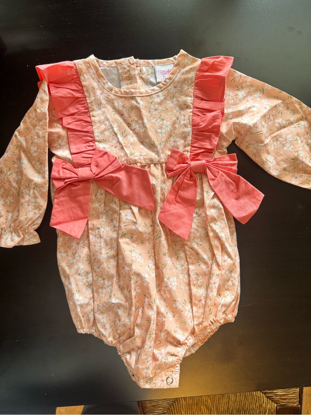 Stitchy Fish Peach Floral Long Sleeve Bubble Romper Double Bow